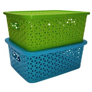 Hi Tech Sales Small Unbreakable Multipurpose Plastic Baskets with Lid for Fruit, Bathroom, Stationary, Home, Kitchen, Office (Rectangular, Color: Sky, Yellow) set of 2 (Green)