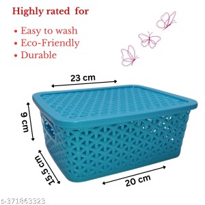 Hi Tech Sales Small Unbreakable Multipurpose Plastic Baskets with Lid for Fruit, Bathroom, Stationary, Home, Kitchen, Office (Rectangular, Color: Sky, Yellow) set of 2 (Red)