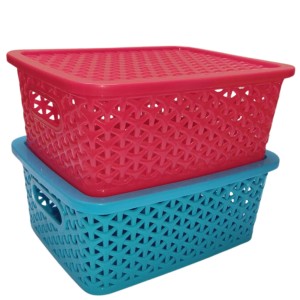 Hi Tech Sales Small Unbreakable Multipurpose Plastic Baskets with Lid for Fruit, Bathroom, Stationary, Home, Kitchen, Office (Rectangular, Color: Sky, Yellow) set of 2 (Red)