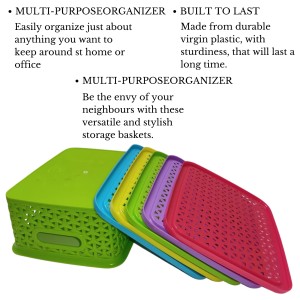 Hi Tech Sales Unbreakable Multipurpose Plastic Baskets with Lid | For Fruit, Bathroom, Stationary, Home, Kitchen, Office | Rectangular, Small, Color: Sky, Yellow, Green, Red, violet (20 X 15.5 X 9 cm)