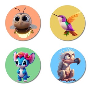 Bee, Hummingbird, Alien, and Vulture. Fridge Magnets 4 Piece Set | 3 Inch Round Wall Fridge Decor (F22985)
