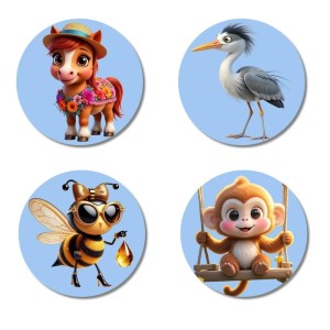 Bee, Pig, Panda, and Koala. Fridge Magnets 4 Piece Set | 3 Inch Round Wall Fridge Decor (F23091)