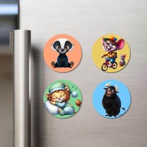 Badger, Mouse, Cat, and Bull. Fridge Magnets 4 Piece Set | 3 Inch Round Wall Fridge Decor (F22982)
