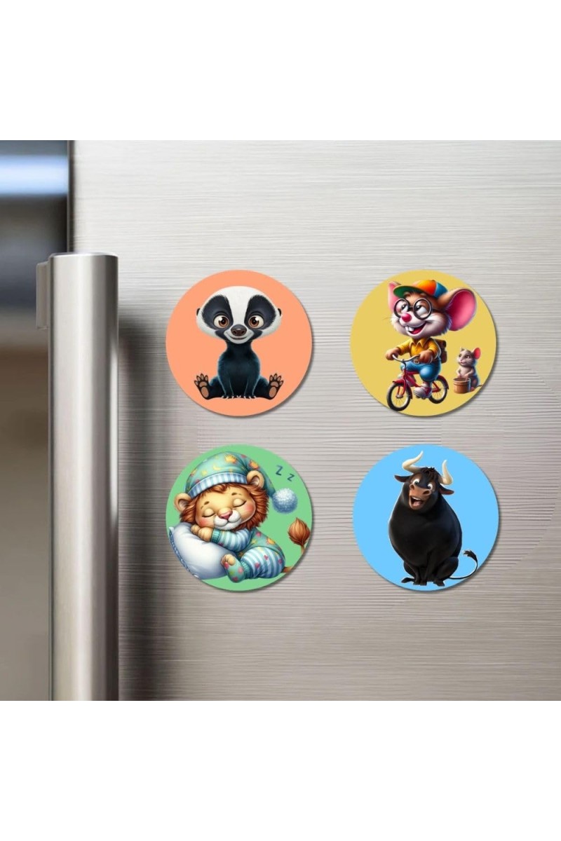 Badger, Mouse, Cat, and Bull. Fridge Magnets 4 Piece Set | 3 Inch Round Wall Fridge Decor (F22982)
