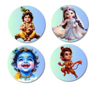Balarama, Krishna, Sudama Fridge Magnets 4 Piece Set | 3 Inch Round Wall Fridge Decor (F23250)