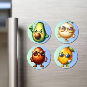 Avocado, Onion, Sapota, Mango Fridge Magnets 4 Piece Set | 3 Inch Round Wall Fridge Decor (F23324)