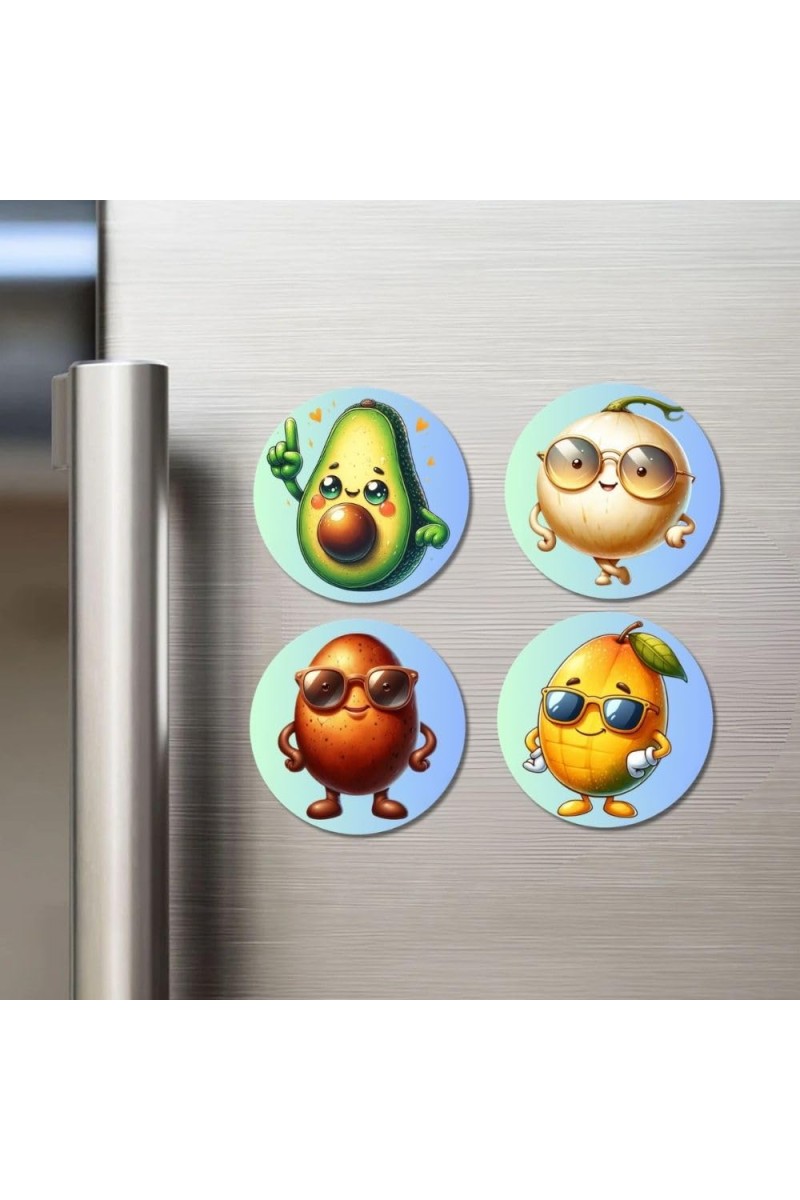 Avocado, Onion, Sapota, Mango Fridge Magnets 4 Piece Set | 3 Inch Round Wall Fridge Decor (F23324)