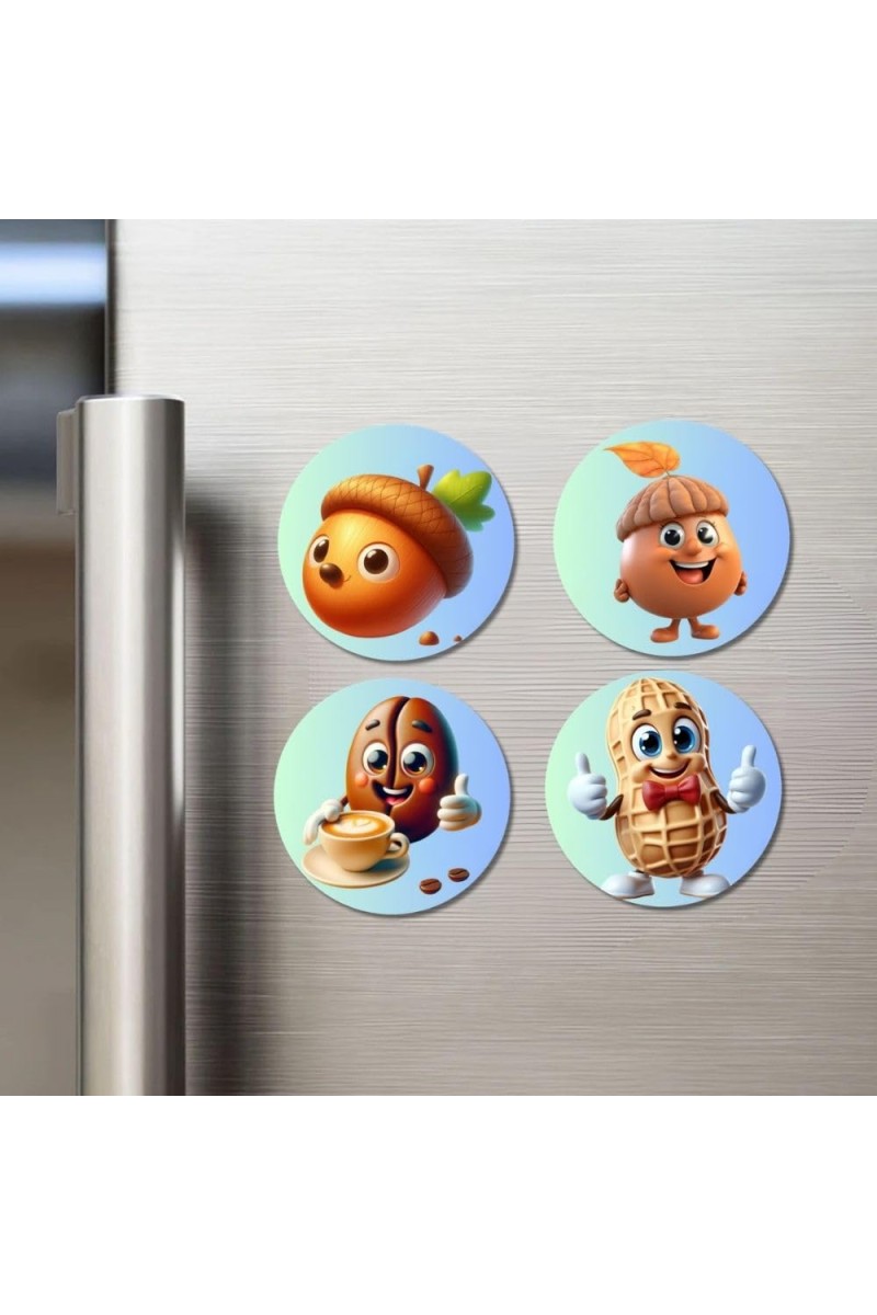 Acorn, Hazelnut, Coffee Bean, Peanut Fridge Magnets 4 Piece Set | 3 Inch Round Wall Fridge Decor (F23322)