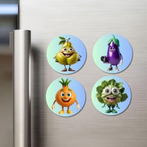 Beetroot, Pear, Radish, Mint Fridge Magnets 4 Piece Set | 3 Inch Round Wall Fridge Decor (F23333)