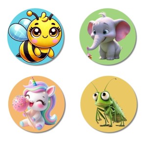 Bee, Elephant, Unicorn, and Grasshopper. Fridge Magnets 4 Piece Set | 3 Inch Round Wall Fridge Decor (F22877)