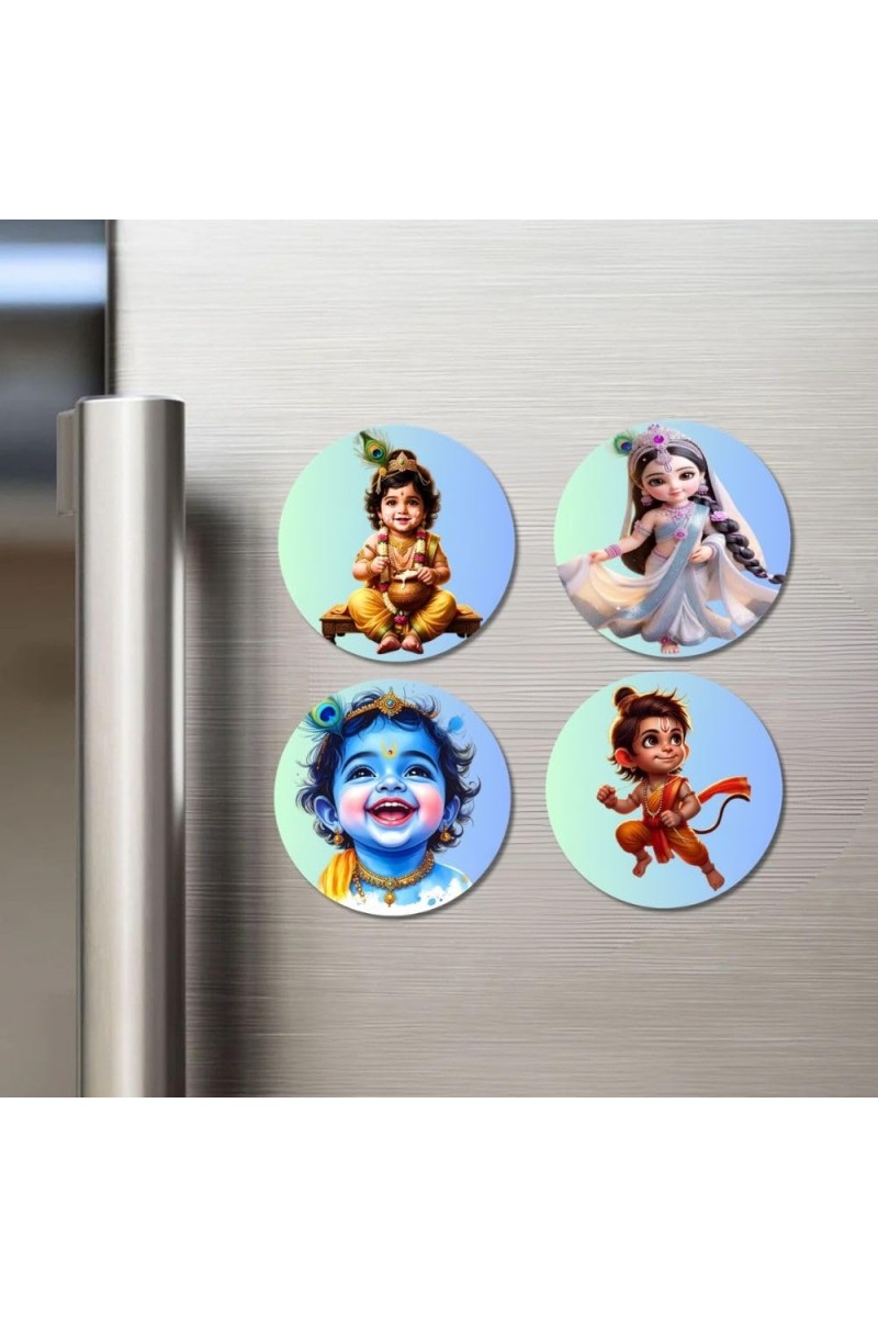 Balarama, Krishna, Sudama Fridge Magnets 4 Piece Set | 3 Inch Round Wall Fridge Decor (F23250)