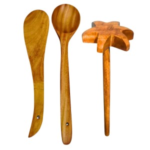 Wooden Kitchen Utensils Set of 3 â€“ Teak Wood Spoon, Spatula & Masher | Non-Stick Safe Cooking Tools | Heat Resistant, Durable & Eco-Friendly Cooking Set for Home Kitchen