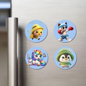 Bee, Cat, Unicorn, and Penguin. Fridge Magnets 4 Piece Set | 3 Inch Round Wall Fridge Decor (F23135)