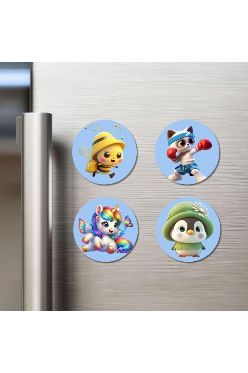 Bee, Cat, Unicorn, and Penguin. Fridge Magnets 4 Piece Set | 3 Inch Round Wall Fridge Decor (F23135)