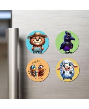 Bear, Crow, Cockroaches, and Sheep. Fridge Magnets 4 Piece Set | 3 Inch Round Wall Fridge Decor (F22939)