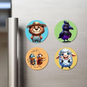 Bear, Crow, Cockroaches, and Sheep. Fridge Magnets 4 Piece Set | 3 Inch Round Wall Fridge Decor (F22939)