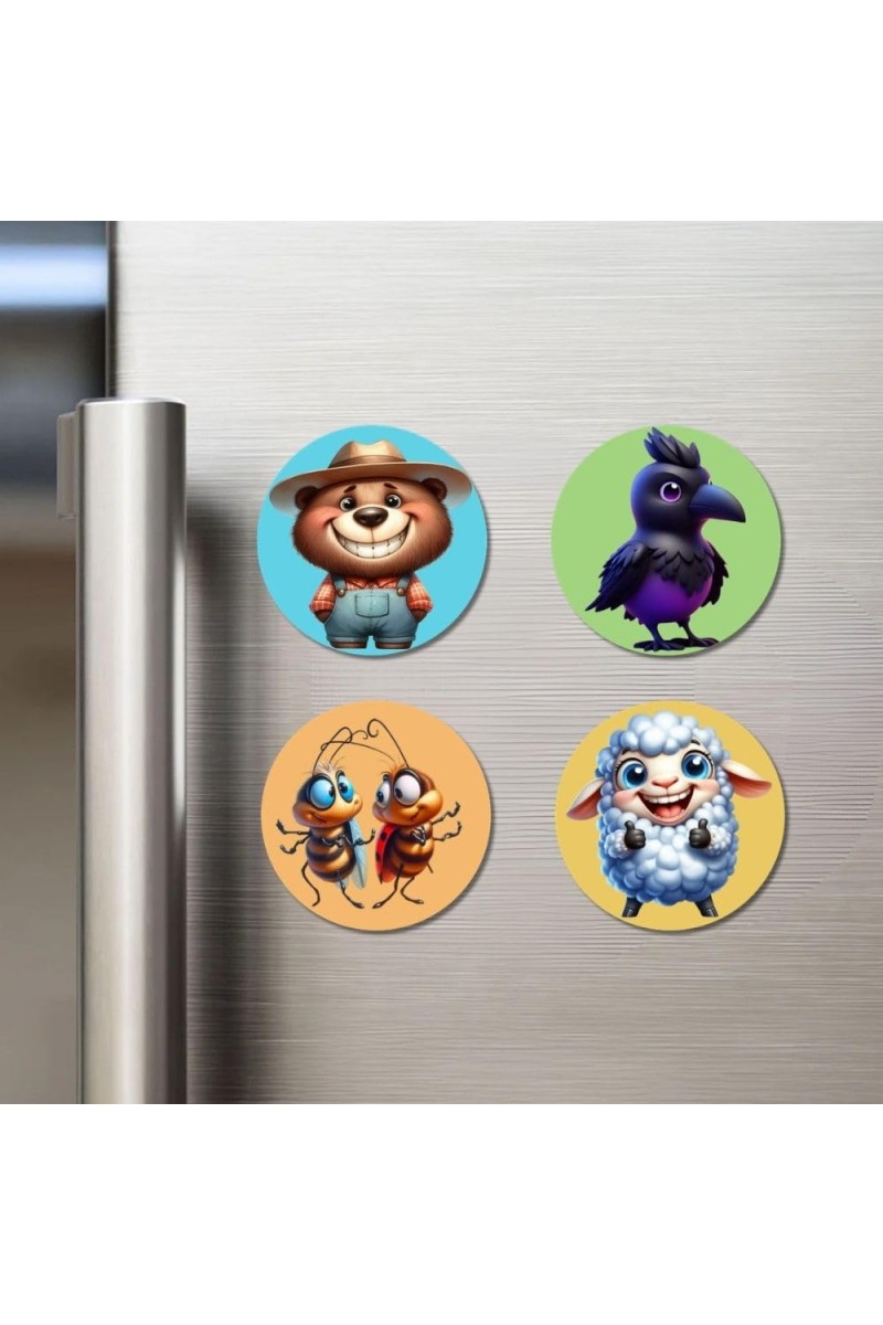 Bear, Crow, Cockroaches, and Sheep. Fridge Magnets 4 Piece Set | 3 Inch Round Wall Fridge Decor (F22939)