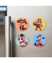 Beaver, Chipmunk, Pony, and Cow. Fridge Magnets 4 Piece Set | 3 Inch Round Wall Fridge Decor (F23025)