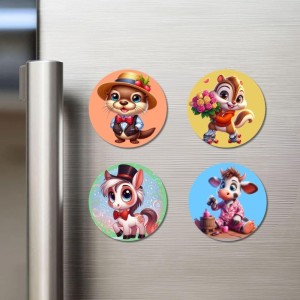 Beaver, Chipmunk, Pony, and Cow. Fridge Magnets 4 Piece Set | 3 Inch Round Wall Fridge Decor (F23025)