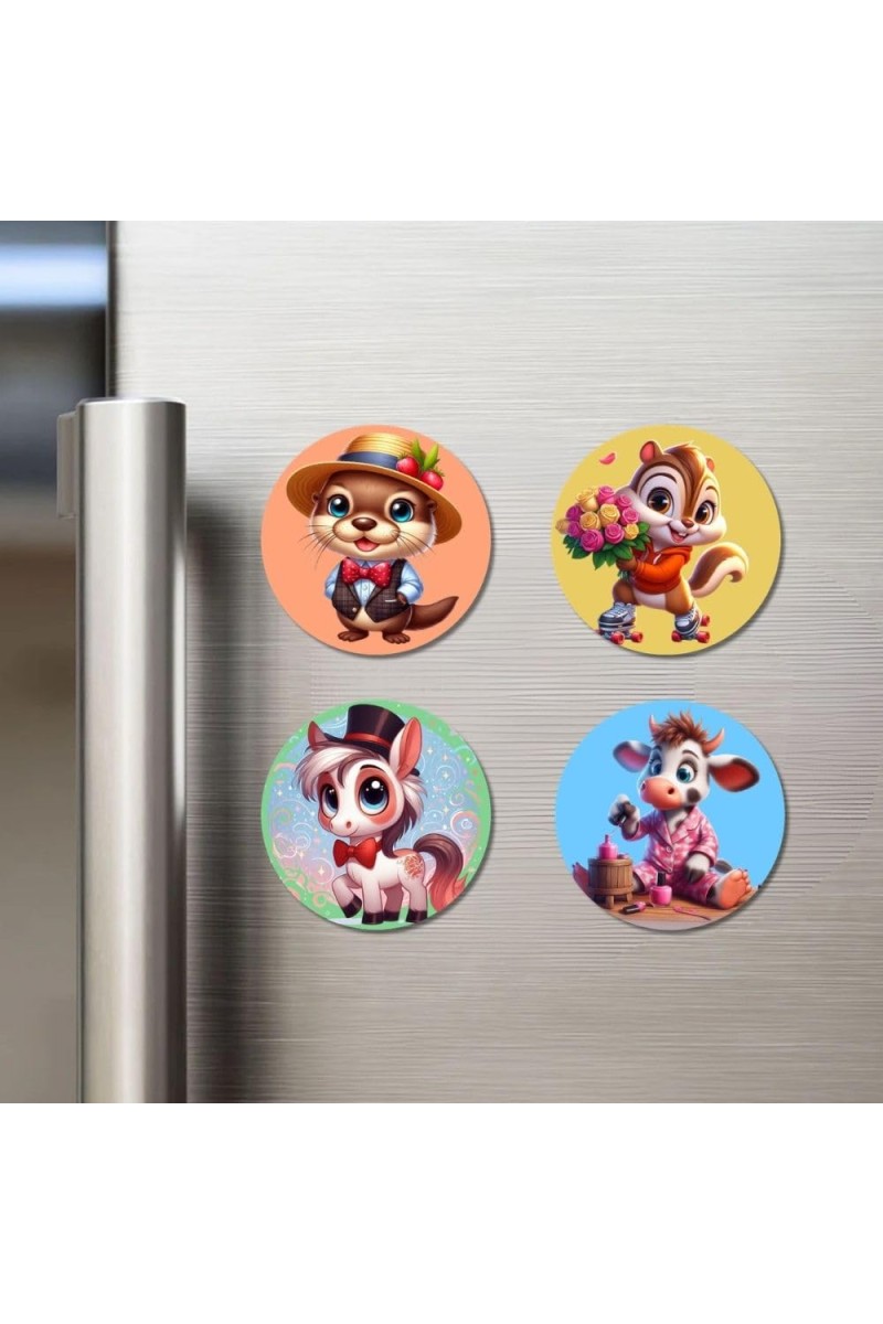 Beaver, Chipmunk, Pony, and Cow. Fridge Magnets 4 Piece Set | 3 Inch Round Wall Fridge Decor (F23025)