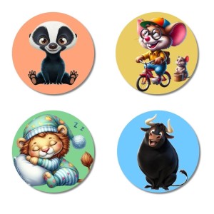 Badger, Mouse, Cat, and Bull. Fridge Magnets 4 Piece Set | 3 Inch Round Wall Fridge Decor (F22982)
