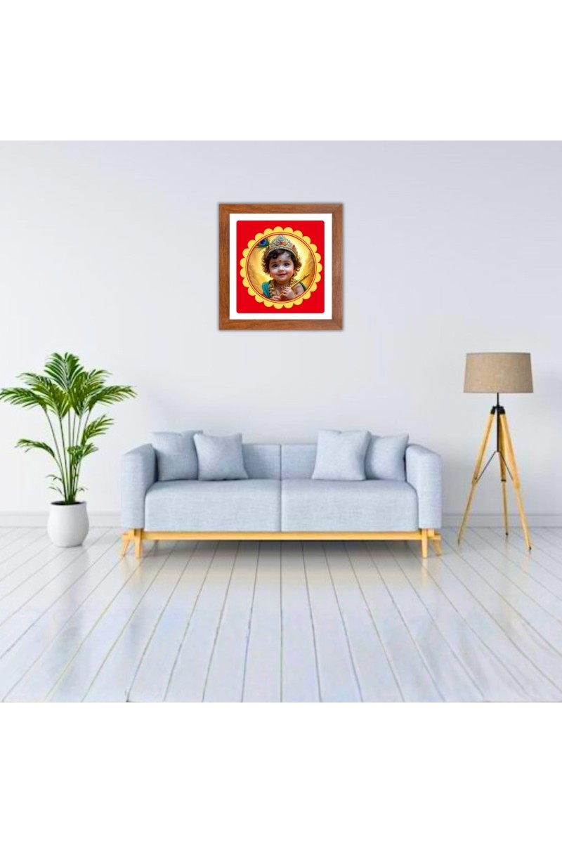 Baby Krishna Digital Photo In Square Frame, Size 12x12 Inch | Hindu Religious Picture For Home Temple, Office & Gift | Wall Art & Pooja Decor (F10577)