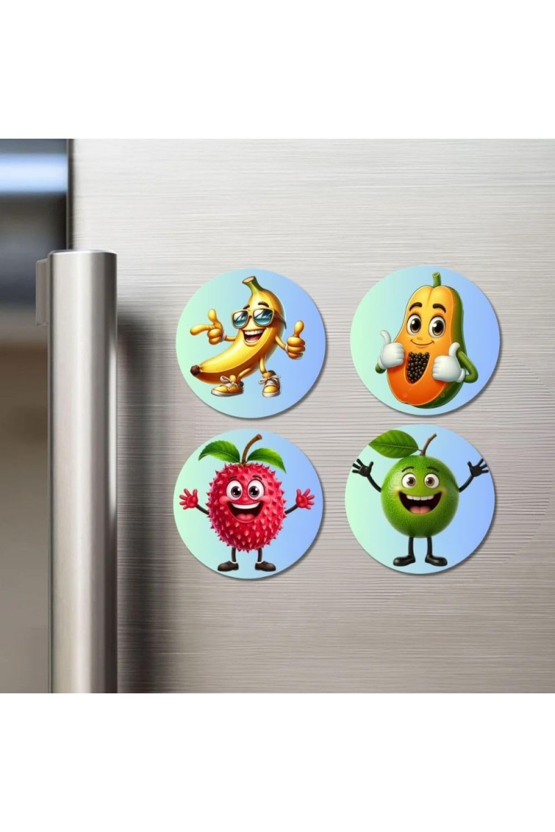 Banana, Papaya, Lychee, Green Apple Fridge Magnets 4 Piece Set | 3 Inch Round Wall Fridge Decor (F23270)