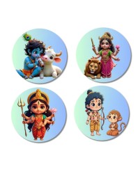 Krishna, Durga, Rama, and Hanuman. Fridge Magnets 4 Piece Set | 3 Inch Round Wall Fridge Decor (F22802)