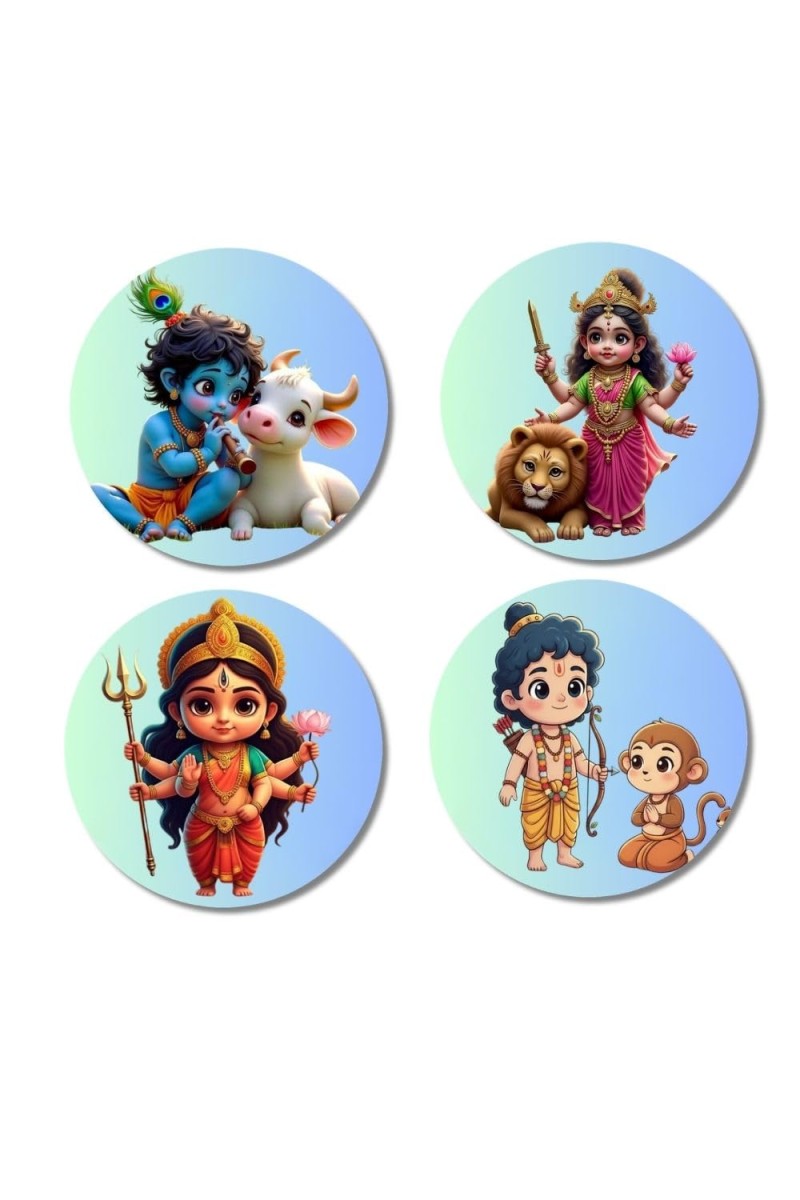 Krishna, Durga, Rama, and Hanuman. Fridge Magnets 4 Piece Set | 3 Inch Round Wall Fridge Decor (F22802)
