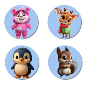 Bear, Deer, Penguin, and Squirrel. Fridge Magnets 4 Piece Set | 3 Inch Round Wall Fridge Decor (F23097)
