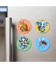 Armadillo, Elephant, Dog, and Mosquito. Fridge Magnets 4 Piece Set | 3 Inch Round Wall Fridge Decor (F23044)