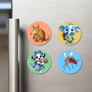 Armadillo, Elephant, Dog, and Mosquito. Fridge Magnets 4 Piece Set | 3 Inch Round Wall Fridge Decor (F23044)