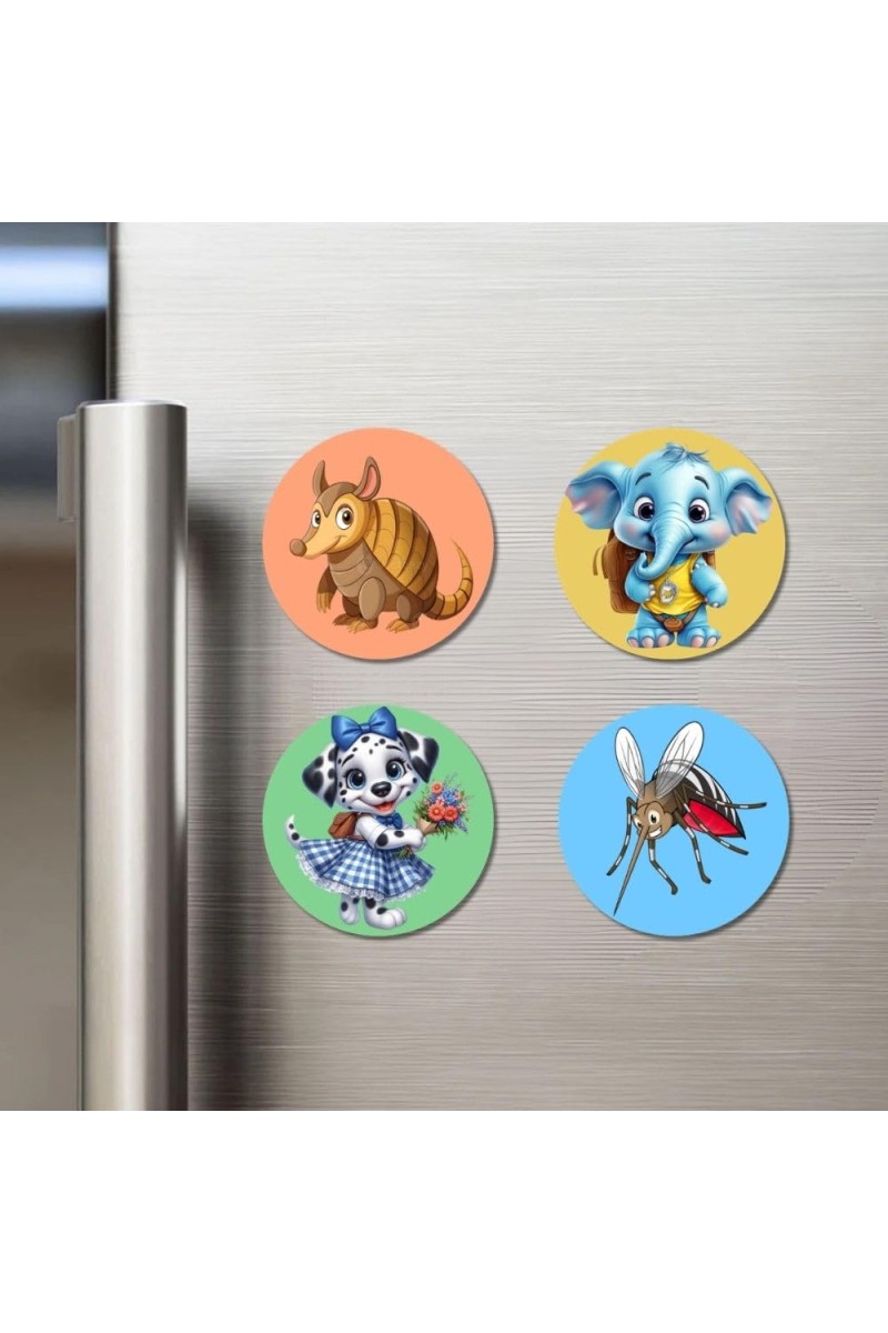 Armadillo, Elephant, Dog, and Mosquito. Fridge Magnets 4 Piece Set | 3 Inch Round Wall Fridge Decor (F23044)