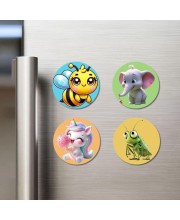 Bee, Elephant, Unicorn, and Grasshopper. Fridge Magnets 4 Piece Set | 3 Inch Round Wall Fridge Decor (F22877)