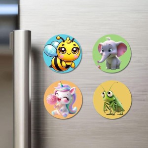 Bee, Elephant, Unicorn, and Grasshopper. Fridge Magnets 4 Piece Set | 3 Inch Round Wall Fridge Decor (F22877)