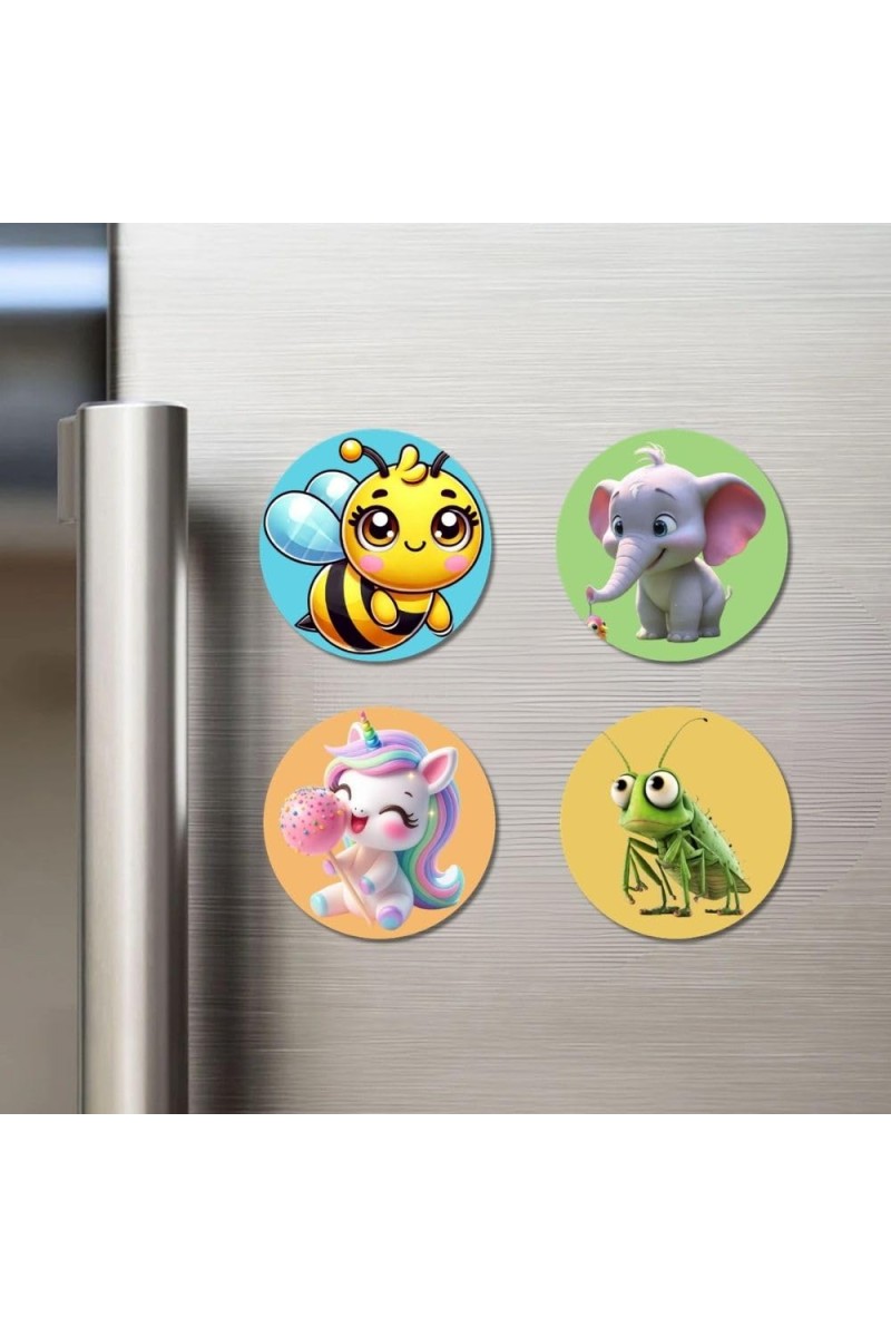 Bee, Elephant, Unicorn, and Grasshopper. Fridge Magnets 4 Piece Set | 3 Inch Round Wall Fridge Decor (F22877)
