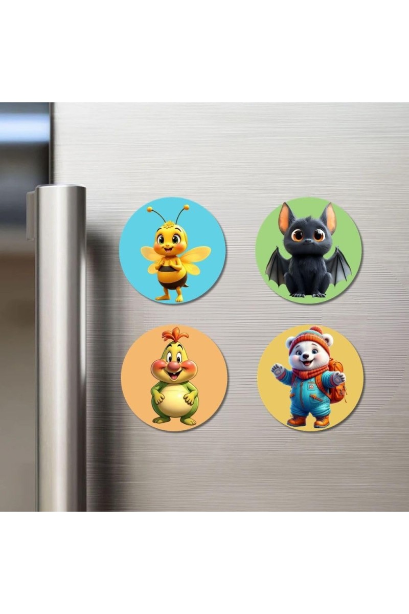 Bee, Bat, Caterpillar, and Polar Bear. Fridge Magnets 4 Piece Set | 3 Inch Round Wall Fridge Decor (F22855)