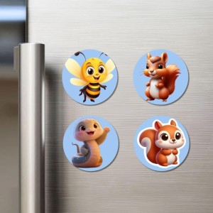 Bee, Squirrel, Seal, and Squirrel. Fridge Magnets 4 Piece Set | 3 Inch Round Wall Fridge Decor (F23108)