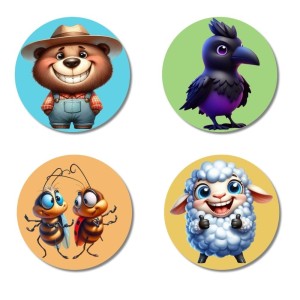 Bear, Crow, Cockroaches, and Sheep. Fridge Magnets 4 Piece Set | 3 Inch Round Wall Fridge Decor (F22939)