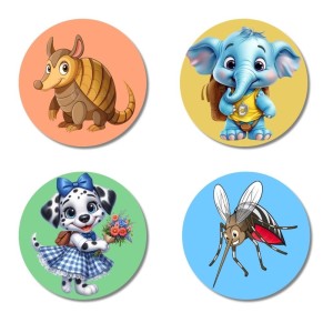 Armadillo, Elephant, Dog, and Mosquito. Fridge Magnets 4 Piece Set | 3 Inch Round Wall Fridge Decor (F23044)