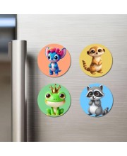 Alien, Meerkat, Frog, and Raccoon. Fridge Magnets 4 Piece Set | 3 Inch Round Wall Fridge Decor (F22964)