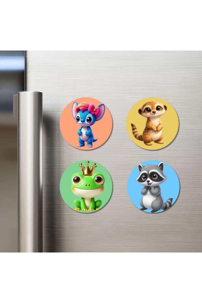 Alien, Meerkat, Frog, and Raccoon. Fridge Magnets 4 Piece Set | 3 Inch Round Wall Fridge Decor (F22964)
