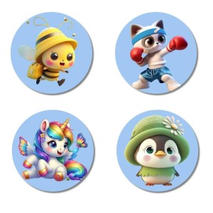 Bee, Cat, Unicorn, and Penguin. Fridge Magnets 4 Piece Set | 3 Inch Round Wall Fridge Decor (F23135)