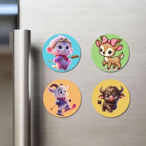 Monkey, Deer, Goat, and Bull. Fridge Magnets 4 Piece Set | 3 Inch Round Wall Fridge Decor (F22883)