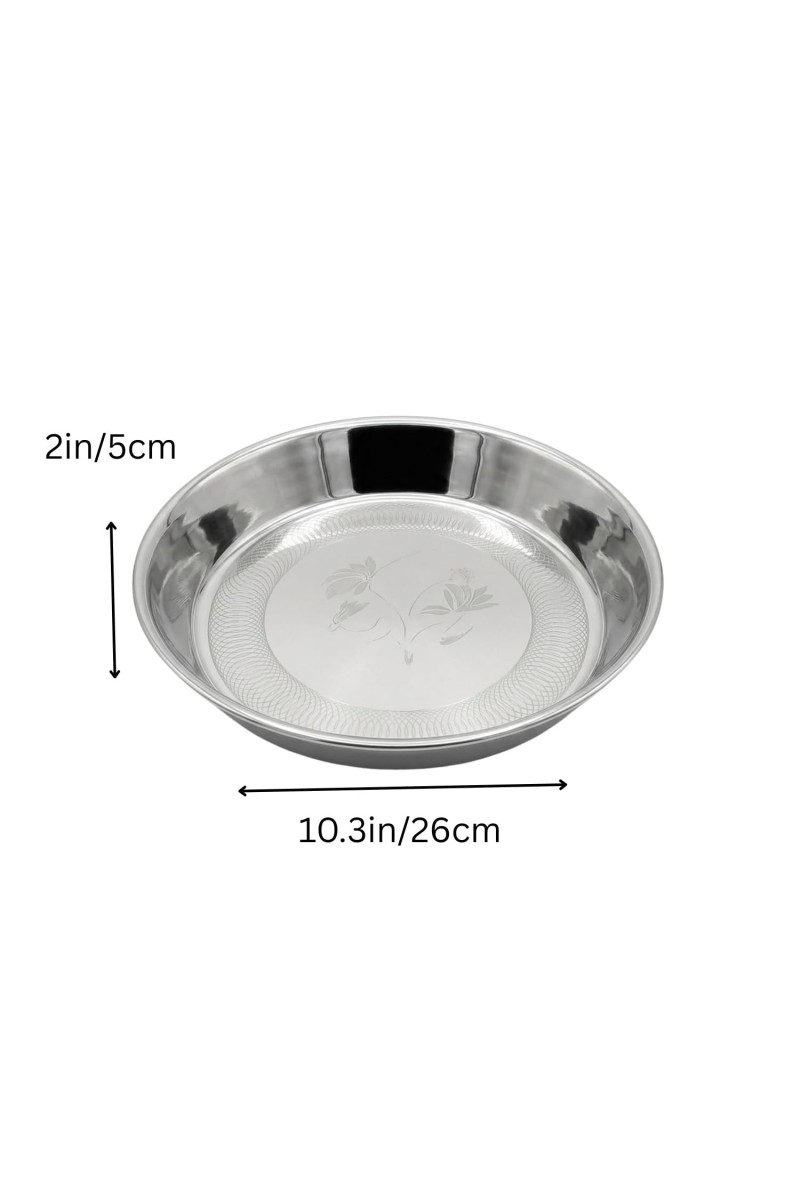Stainless Steel Rice Plate/Dinner Plate for Kitchen & Dining | Round Deep Thali Plate with Floral Design | Rust Resistant Food Grade Steel Serving Plate for Home, Hotel & Restaurant Use