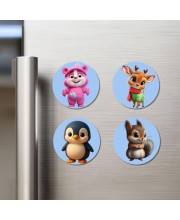 Bear, Deer, Penguin, and Squirrel. Fridge Magnets 4 Piece Set | 3 Inch Round Wall Fridge Decor (F23097)