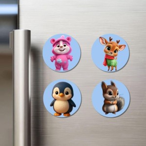 Bear, Deer, Penguin, and Squirrel. Fridge Magnets 4 Piece Set | 3 Inch Round Wall Fridge Decor (F23097)