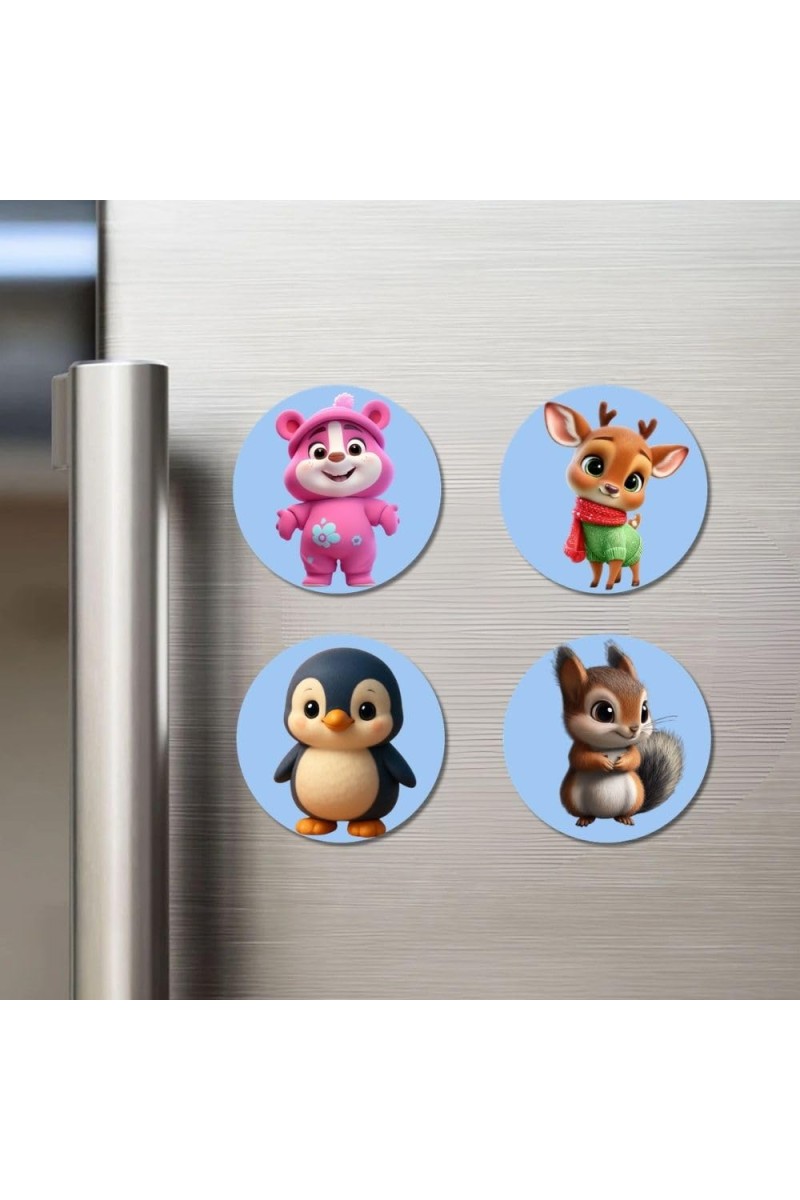 Bear, Deer, Penguin, and Squirrel. Fridge Magnets 4 Piece Set | 3 Inch Round Wall Fridge Decor (F23097)