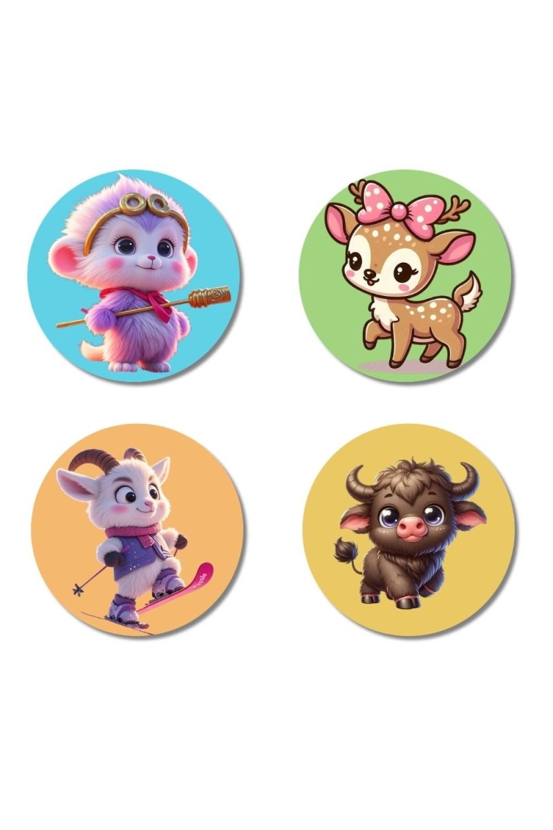 Monkey, Deer, Goat, and Bull. Fridge Magnets 4 Piece Set | 3 Inch Round Wall Fridge Decor (F22883)