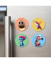 Bee, Hummingbird, Alien, and Vulture. Fridge Magnets 4 Piece Set | 3 Inch Round Wall Fridge Decor (F22985)